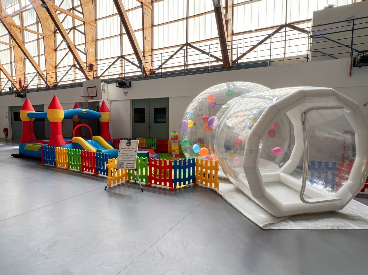 Château multicolore et Bubble House installés dans un gymnase pour une kermesse